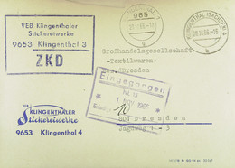 Fern-Brief Mit ZKD-Kastenst "VEB Klingenthaler Stickereiwerke 9653 Klingenthal 3" 28.10.66 An GHG Textilwaren Dresden - Storia Postale