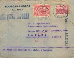 1937 , ORENSE , SOBRE COMERCIAL CIRCULADO ENTRE LA RUA Y LA HABANA , CENSURA MILITAR , LLEGADA, LOCAL - Storia Postale