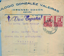 1937 , ORENSE , SOBRE COMERCIAL CIRCULADO ENTRE CARBALLINO Y LA HABANA , CENSURA MILITAR DE CARBALLINO , LLEGADA - Lettres & Documents