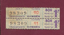 221120A - TICKET CHEMIN DE FER - FRANCE - Transports CITROEN 2 Bons 98309 Pour Un Trajet 1F N° 90 Et 91 - Europe