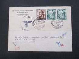 Schweiz 1942 / 43 Pro Juventute Nr. 412 U. 413 MiF Firmen PK Chemische Fabrik Schönewerd Mit Mehrfachzensur Wehrmacht - Storia Postale