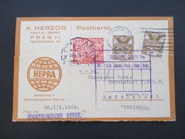 CSSR 1925 Dekorative Firmen PK A. Herzog Dental Depot Prag II HEPRA Odontologische Revue Nach Rudolstadt Thüringen - Covers & Documents