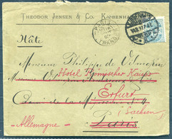 1897 Denmark 20 øre Våben Cover Theodor Jensen & Co. Copenhagen - Paris France Redirected Hotel Erfurt Germany - Covers & Documents