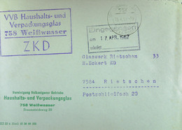 Fern-Brf Mit ZKD-Kastenst "VVB Haushalts- Und Verpackungsglas 758 Weißwasser" 15.4.67 An Glaswerk Rietschen Mit Eing-St. - Lettres & Documents