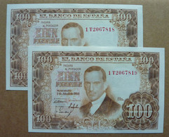 Spain 100 Pesetas 1953 P145 2 Correlative Numbers UNC - 100 Peseten