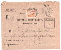 VERT Seine Et Oise FB 04 Recouvrement Formule 1494 Entière Yv 286 1F Paix Orange Utilisé Pour Taxe Ob 12 2 1936 - Cartas & Documentos