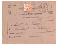 St ANGEAU Charente Recouvrement Formule 1494 Entière Yv 286 1F Paix Orange Utilisé Pour Taxe Ob 8 2 1936 - Lettres & Documents