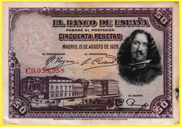 Billet De Banque Usagé - 50 Pesetas Velazquez Banco De Espana Série C9,938,538 - Espagne 1928 - 50 Pesetas
