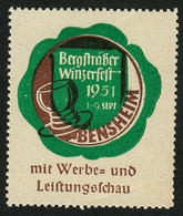 Bensheim Bergstrasse 1951 " Bergsträßer Winzerfest Mit Leistungsschau " Vignette Cinderella Reklamemarke - Cinderellas
