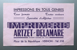 Buvard IMPRIMERIE ARTZET-DELAMARE "impressions En Tout Genre -  Spécialité D'affiches  VERNON - Papeterie