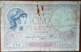 Billet 5 Francs VIOLET 3 - 8 - 1939 FRANCE G.59741 - 5 F 1917-1940 ''Violet''