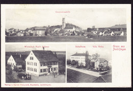 1910 Mit Bahnpost Gelaufene AK: Gruss Aus Andelfingen. 3 Bildrig. Wirtschaft Ruch-Arbenz Und Schulhaus - Andelfingen