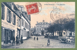 CPA Vue Rare - COTES D'ARMOR - PONTRIEUX - LA MAIRIE - ÉPICERIE CENTRALE - Belle Animation, Attelage - épicerie Ferlicot - Pontrieux