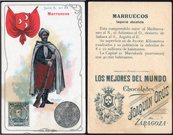 España - Tarjeta Cromo "Chocolates - Joaquín Orús - Zaragoza" Con Sello Impreso 10 Cts. Cadete Y Alusiva Reino Marruecos - Otros & Sin Clasificación