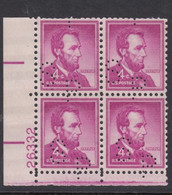 Sc#1036a, Plate # Block Of 4 Mint 4c Abraham Lincoln 1954 Regular Issue, US President, Perfin 'S P' Markings - Plate Blocks & Sheetlets