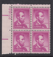 Sc#1036a, Plate # Block Of 4 Mint 4c Abraham Lincoln 1954 Regular Issue, US President - Plaatnummers