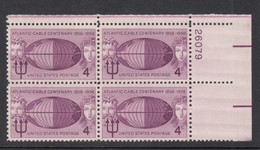 Sc#1112, Plate # Block Of 4 MNH, 4c Atlantic Cable Centennial Issue, Neptune Globe And Mermaid - Números De Placas