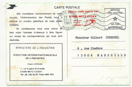 Carte "Code Postal" (CEDEX) Direction Industrie De Metz - Vignette "Notre Code Postal Est 57045 METZ CEDEX" 1981 - Cartas & Documentos