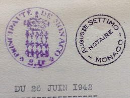 FISCAUX DE MONACO PAPIER TIMBRE 1942 BLASON 2FR  EN VIOLET  FILIRANE LOUIS  II 2 PAGES TIMBREES - Fiscale Zegels