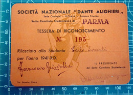 Società Nazionale Dante Alighieri Tessera 1941 Parma - Membership Cards