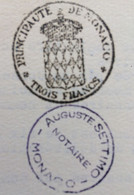 FISCAUX DE MONACO PAPIER TIMBRE 1943 BLASON Trois Francs  1/2 FILIRANE LOUIS  II - Fiscaux