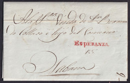 1834. ESPERANZA A LA HABANA. MARCA LINEAL ESPERANZA EN ROJO. PORTEO MNS. 1 1/2 REALES. PRECIOSA CARTA COMPLETA. - Préphilatélie