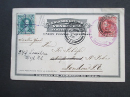 Venezuela Ganzsache Weltpostverein 1905 Mit Zusatzfrankatur Federzug Und Violetter Stempel + Stp. Brookley Nach London - Venezuela