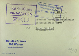 Orts-Brief Mit ZKD-Kastenstempel "Rat Des Kreises 206 WAREN" Vom 16.5.68 An Dt. Versicherungsanstalt Waren Mit Eing-Stpl - Covers & Documents