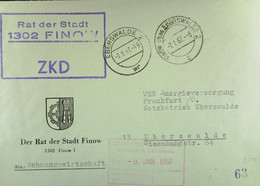 Fern-Brief Mit ZKD-Kastenstpl "Rat Der Stadt 1302 FINOW" 7.1.67 An VEB Energieversorgung Eberswalde Mit Rotem Eing-Stpl - Storia Postale