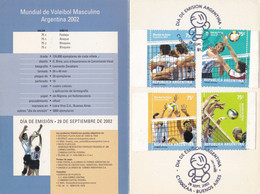 MUNDIAL DEL VOLEIBOL MASCULINO. VOLLEYBALL. ARGENTINA 2002. VOLANTE CON SERIE COMPLETA Y MATASELLO PRIMER DIA -LILHU - Volleybal