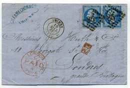 Lettre D'AMIENS Pour LONDRES / Paire YT N°22 Avec Losange GC85 + Cachet LONDON PAID  / 1867 / Dept 76 Somme - 1849-1876: Classic Period