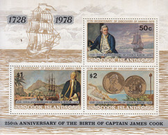 1978 Cook Islands Captain Cook Birth Anniversary Ships Coins Explorers Souvenir Sheet MNH - Cook