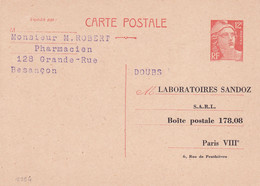 Carte Gandon 12 Fr Orange L1a Neuve Repiquage Laboratoire Sandoz - Cartes Postales Repiquages (avant 1995)