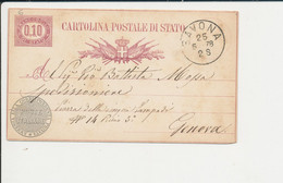 C3 CARTOLINA POSTALE DA  SAVONA PER GENOVA 25-5-1878 - Entero Postal