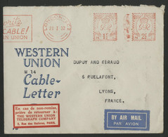 GRANDE BRETAGNE MACHINE A AFFRANCHIR De La WESTERN-UNION CABLE  En 1932 Sur Env. Par Avion Pour Lyon (Voir Description) - Macchine Per Obliterare (EMA)