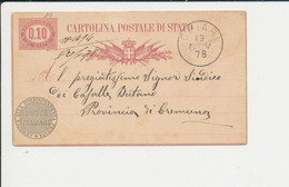 C3 CARTOLINA POSTALE  DA CHIARI BRESCIA PER CREMONA 19-11-1878 - Entero Postal