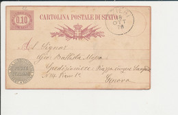 C3 CARTOLINA POSTALE  DA OZIERI SASSARI PER GENOVA 18-10-1878 - Entiers Postaux