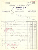 FACTURE 1934 - A. SYREN COMPTOIR De QUINCAILLERIE REIMS - DÉPOT U.R.G. GAZ BUTANE - VERRERIE De FOLEMBRAY - VERRE SIBOR - Droguerie & Parfumerie