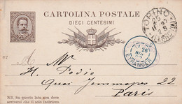 ITALIE ENTIER CARTE DE TORINO POUR LA FRANCE 1887 - Marcophilia
