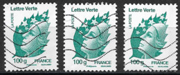 France Oblitéré  2011   N° 4595   Lettre Verte  100 G   Vert - Foncé  ( 3 Exemplaires ) - 2008-13 Marianne (Beaujard)