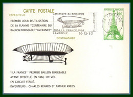 Entier Cp Repiqué LAMARCHE 1983 1er Jour Flamme Centenaire Dirigeable " La France "  TB Ballon - Zeppelins
