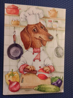 Illustrator Izmailova - Modern Postcard - Dachshund - Dachshound - Teckel - Dackel - Bassotto - Cuisine Chef - Hunde