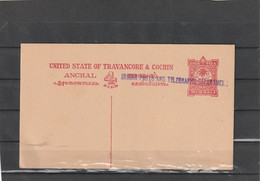 India TRAVANCORE COCHIN UNUSED POSTAL CARD 4 PIES - Autres & Non Classés