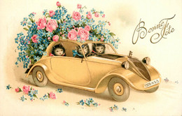 Chats Humanisés * CPA Illustrateur * Dans Une Automobile Voiture * Fleurs * Bonne Fête * Chat Cat Cats Katze - Katzen