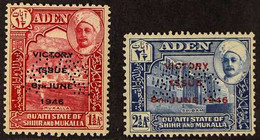 HADHRAMAUT 1946 Victory Complete Set Perf "SPECIMEN", SG 12a/13a, Never Hinged Mint. (2 Stamps) For More Images, Please  - Aden (1854-1963)