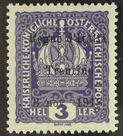 TRENTINO-ALTO ADIGE 1918 "Regno D'Italia / Trentino / 3 Nov. 1918" Overprint 3h Violet WITHOUT STOP After "nov", Sassone - Zonder Classificatie