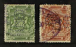 1892-93 £5 Sage-green And £10 Brown Arms, SG 12/13, Each With Neat Fiscal Cancel And Perfin. (2 Stamps) For More Images, - Altri & Non Classificati