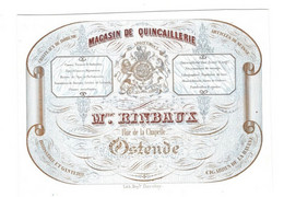 1 Carte Visite Criseaux De Bohème Articles De Suisse Magasin De Quincaillerie Mme Rinbaux Ostende  Cigares De Havane - Porcelana