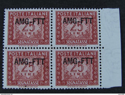 ITALIA Trieste AMG-FTT Segnatasse -1949-54- "Cifra" £. 25 Quartina MNH** (descrizione) - Paquetes Postales/consigna
