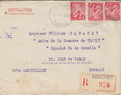 Lettre Rec. Avec Courrier De Condrieu Le 21/7/41 Sur N° 433 Iris Au Maire De Tragny Expulsé à St Jean De Védas - Guerre De 1939-45